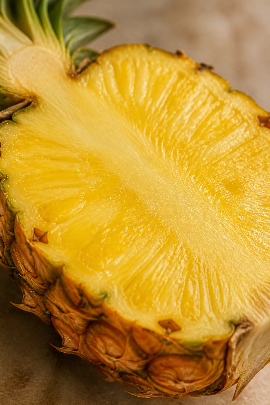 What Happens If You Eat a Lot of Pineapples? 3 Close-up of a pineapple half showing bright yellow flesh.