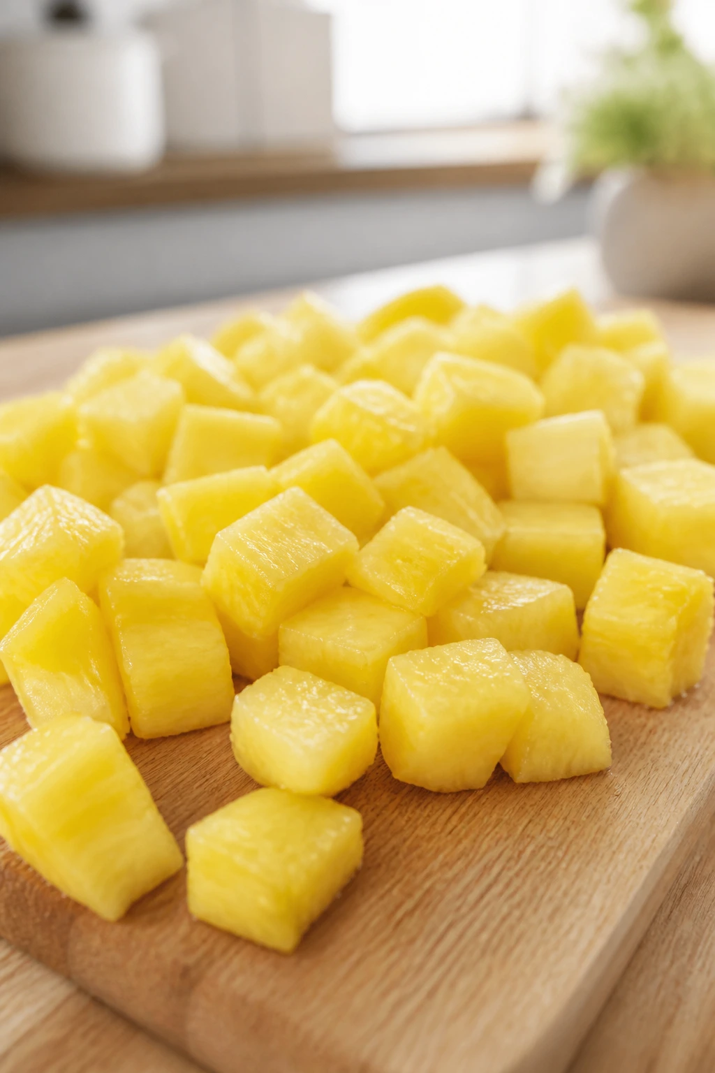 Tiny pineapple pieces prepared on a cutting board in a sunny kitchen