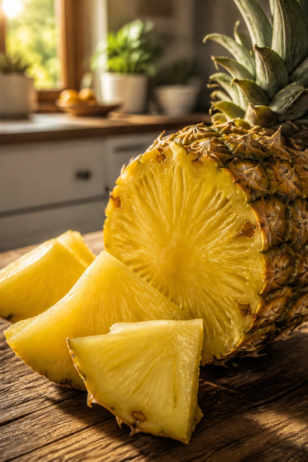 10 Health Benefits of Eating Pineapple on an Empty Stomach 16 Pineapple on a rustic counter highlighting texture and color