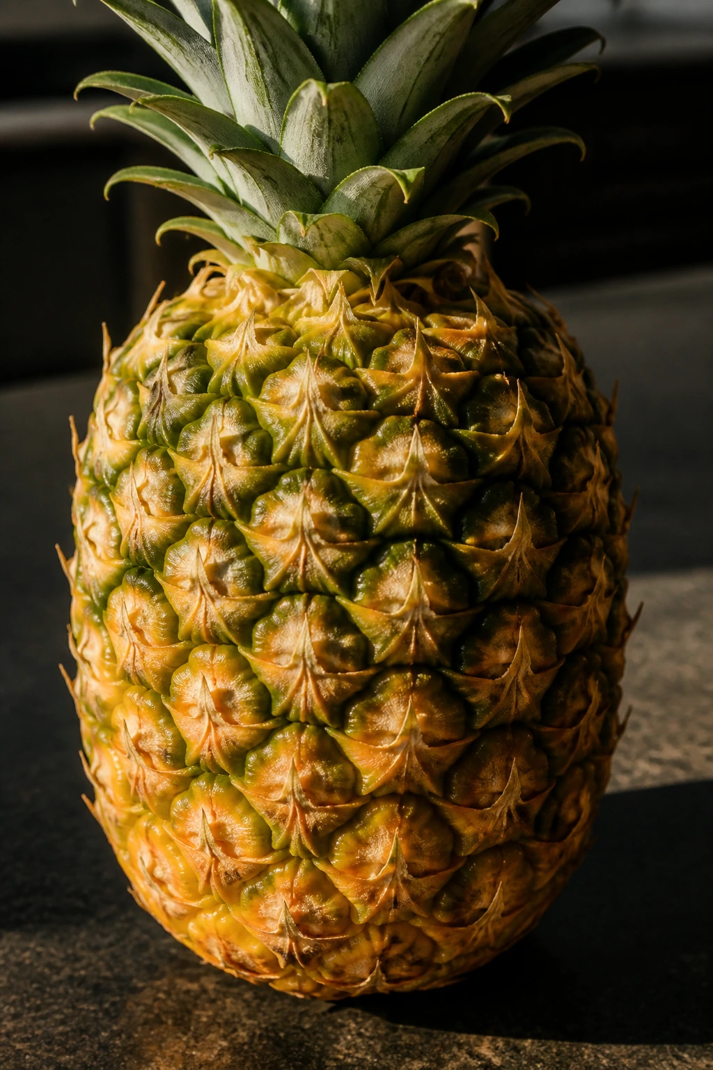 Are Pineapples Good For Pregnancy? 10 Incredible Benefits 4 Dramatic close-up of a pineapple on a dark counter under side lighting.