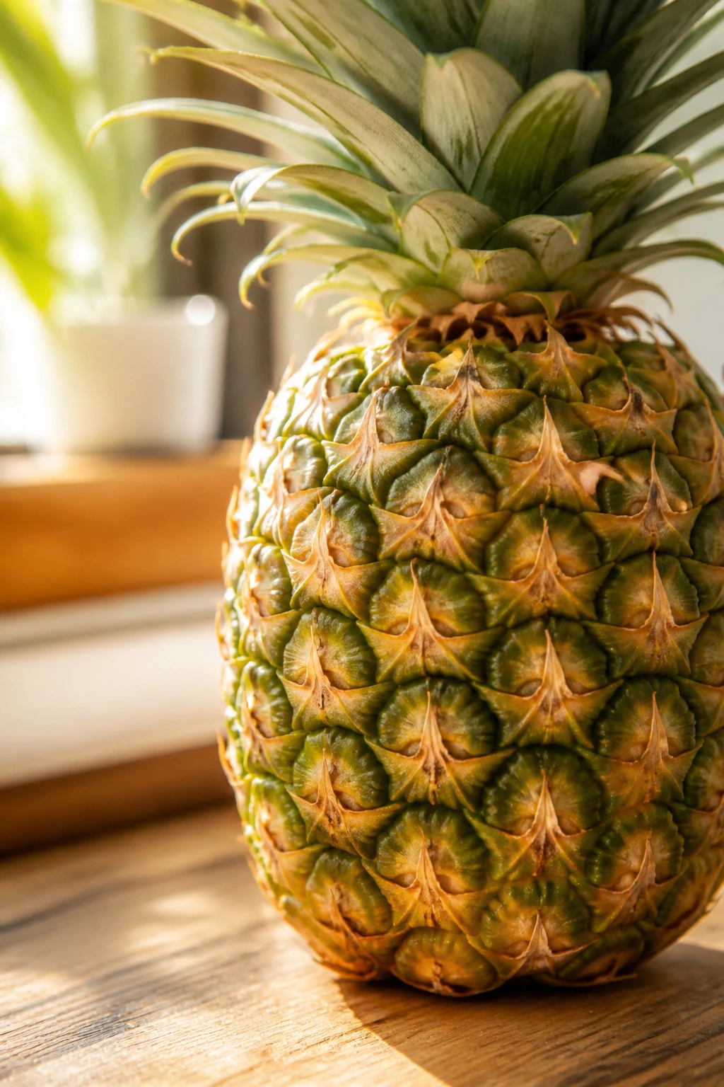 10 Health Benefits of Eating Pineapple on an Empty Stomach 17 Close-up of a fresh pineapple on a kitchen counter with morning light
