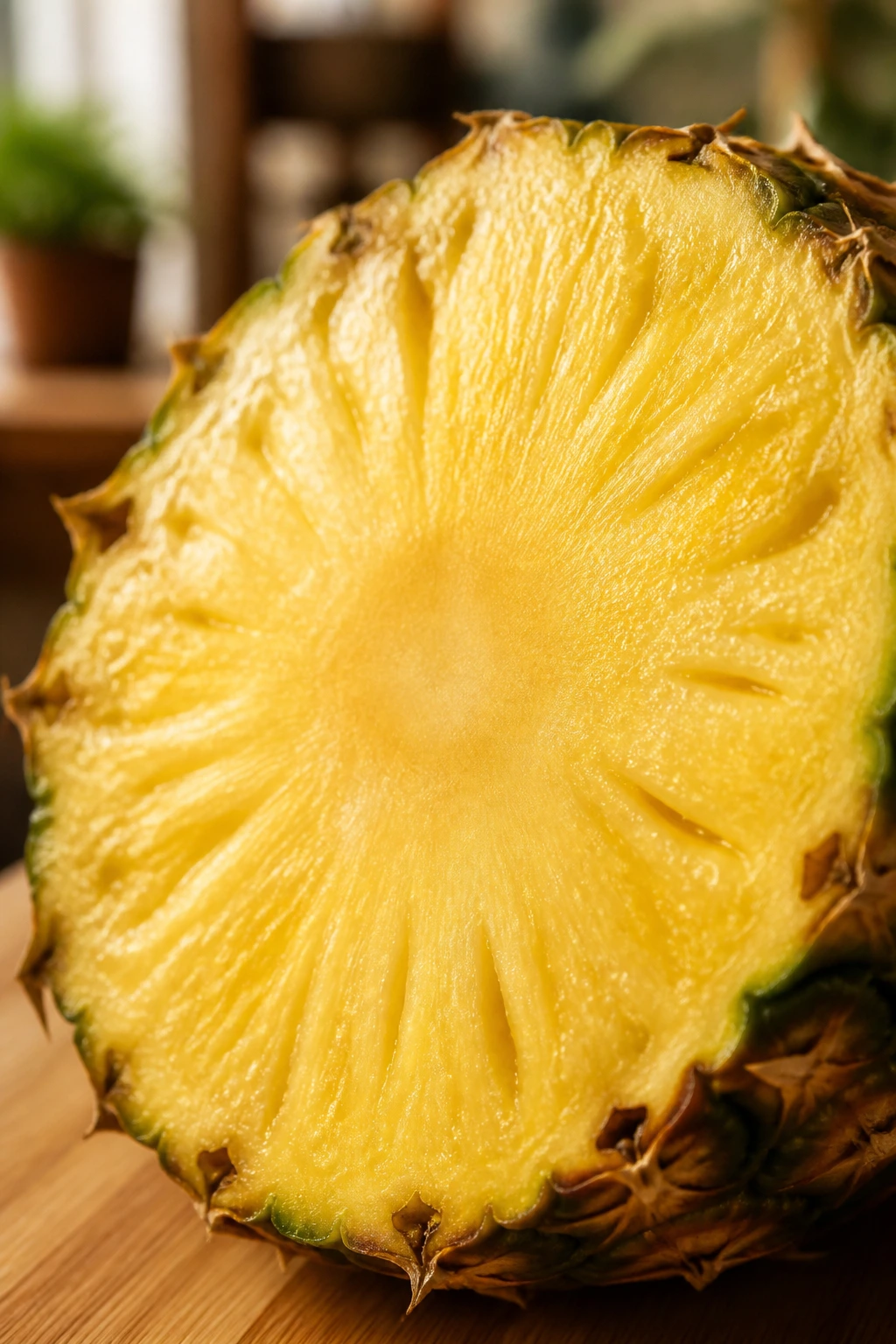 Close-up of a pineapple slice in a bright kitchen, illustrating pineapple as a potential cat treat