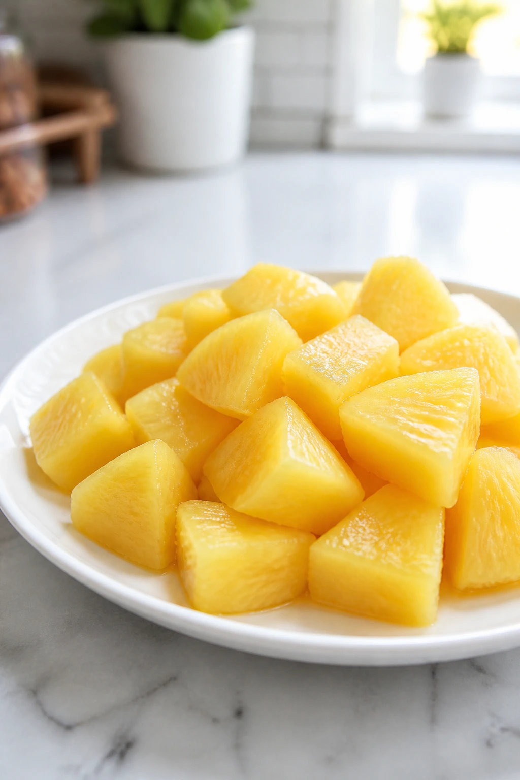 How Long Do Canned Pineapples Last? 4 Golden pineapple chunks on a white plate ready to use in recipes