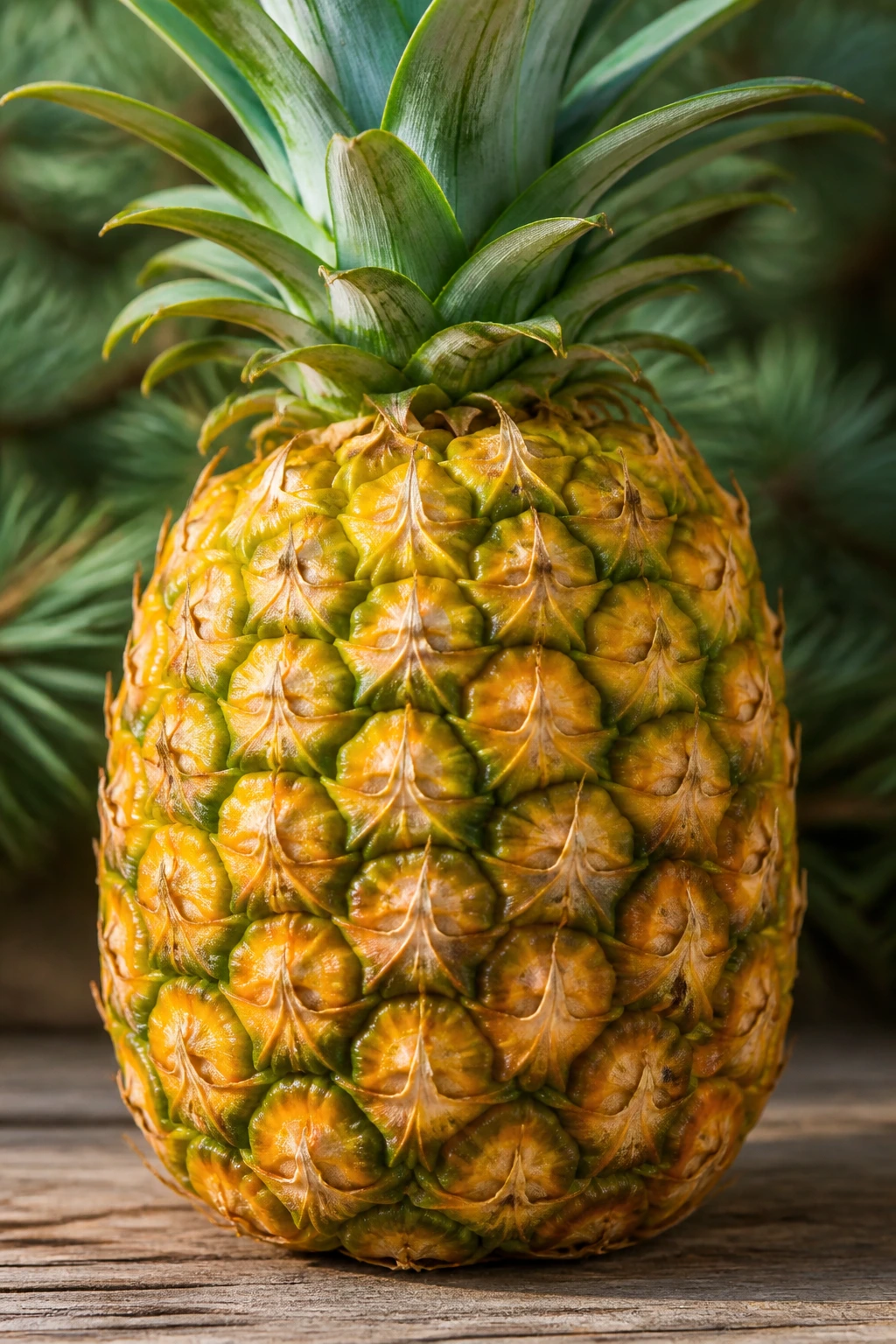 Close-up of a pineapple on a rustic surface in daylight