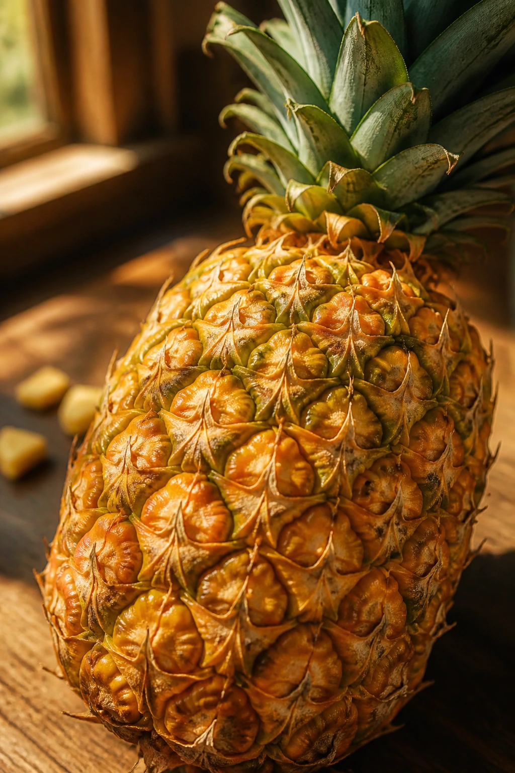 Close-up of ripe pineapple on rustic wooden counter showing texture and crown
