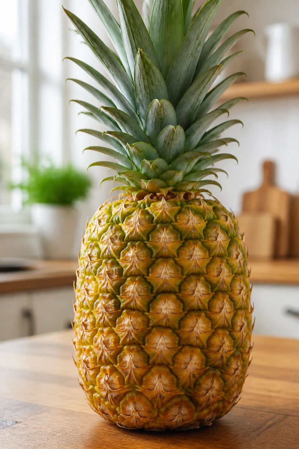 10 Amazing Fruits That Symbolize Happiness 2 Close-up of a ripe pineapple on a wooden kitchen counter