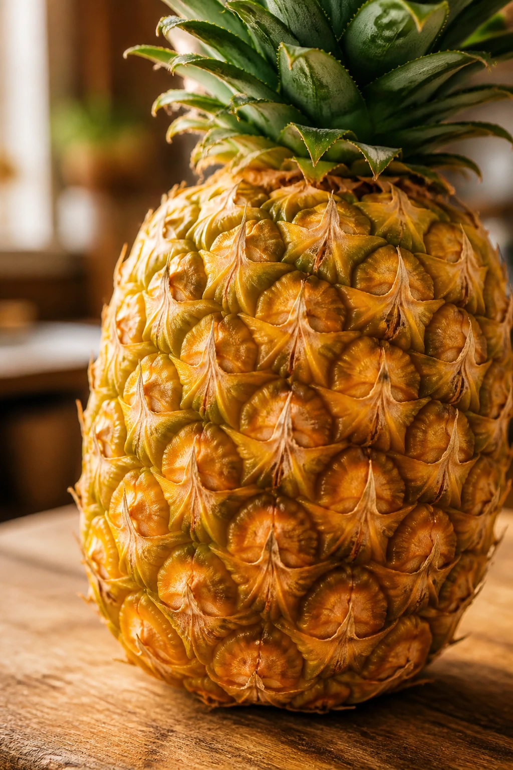 Close-up of a ripe pineapple on a wooden counter with warm daylight