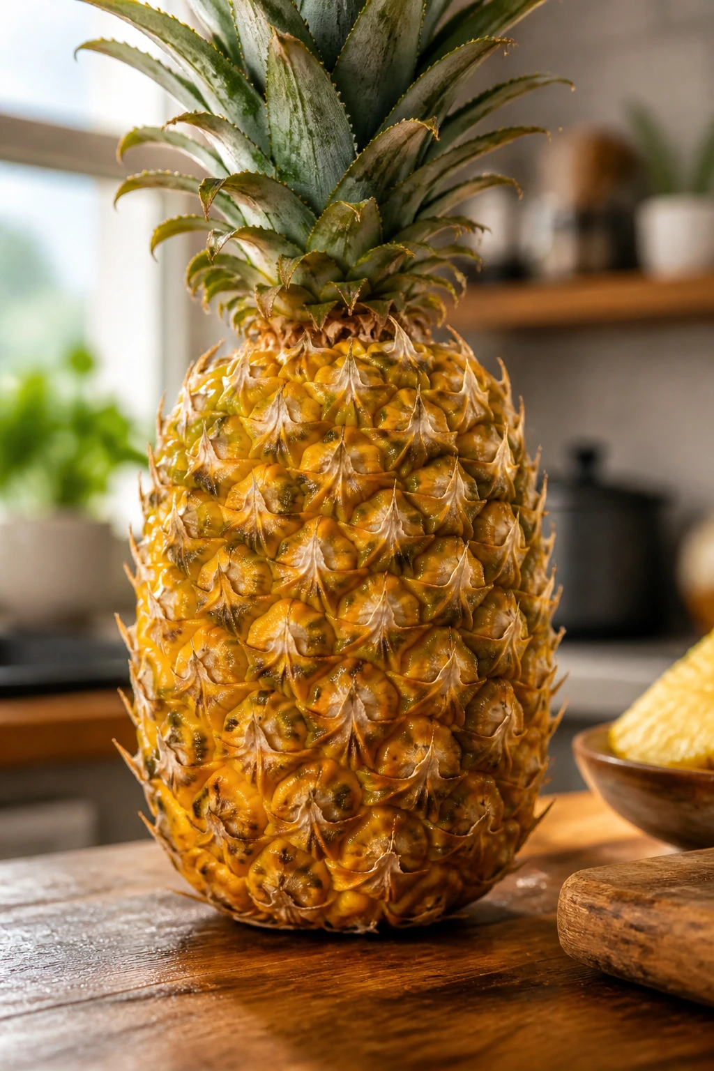 Tropical Digestive Aid: Is Pineapple Good For Digestion? 7 Close-up of a ripe pineapple on a kitchen counter filling the frame