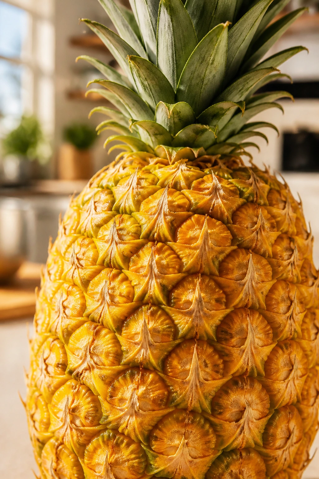 Close-up of a pineapple showing its textured skin and crown