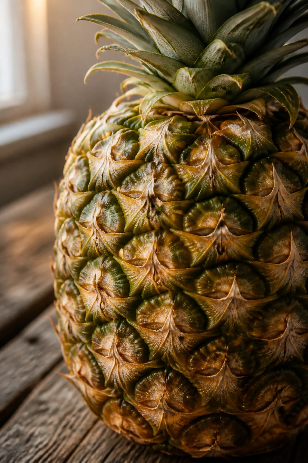 Close-up of a pineapple filling the frame on a rustic wooden surface