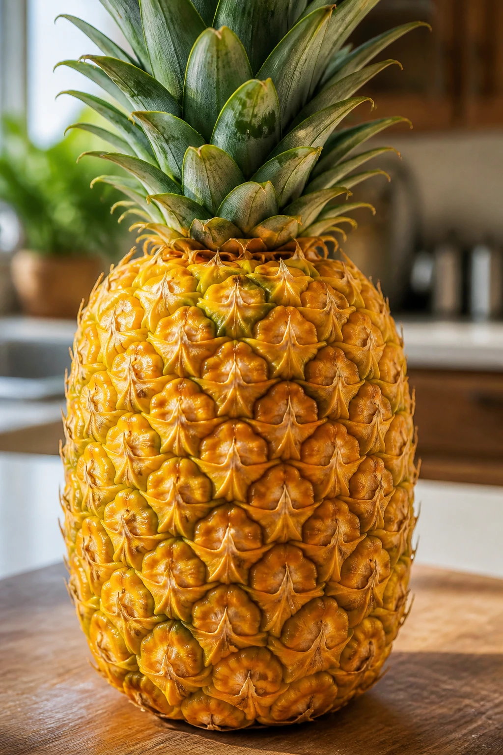 Close-up of a ripe pineapple showing golden color and glossy skin ready to eat