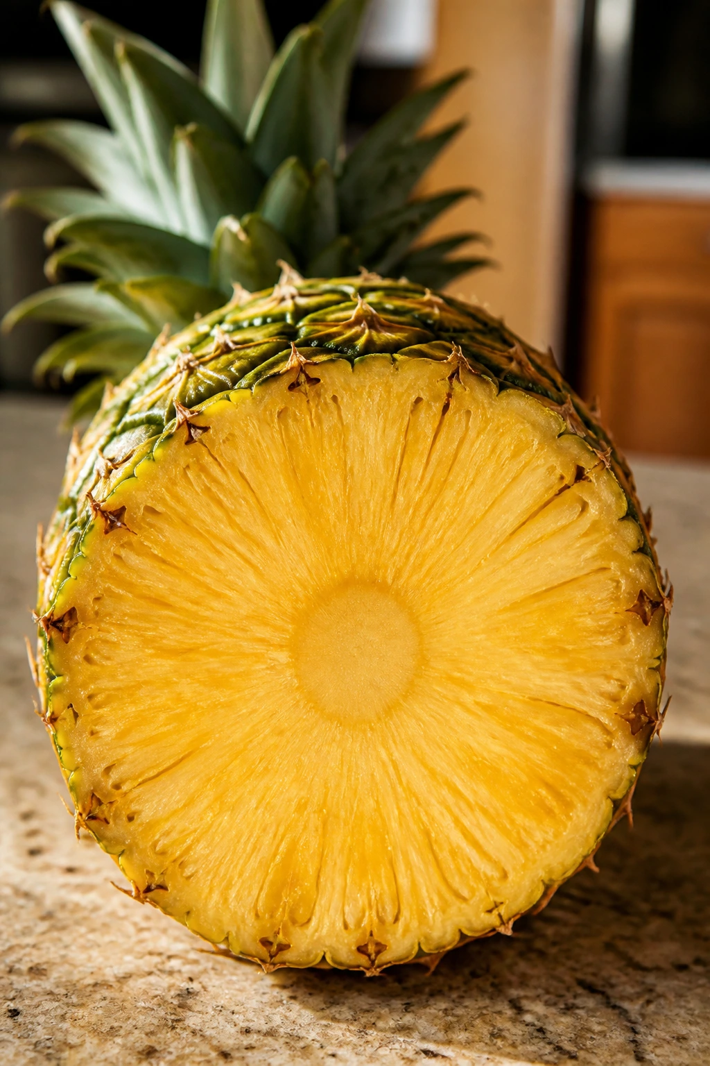 Cross-section of pineapple showing flesh and core in bright kitchen setting
