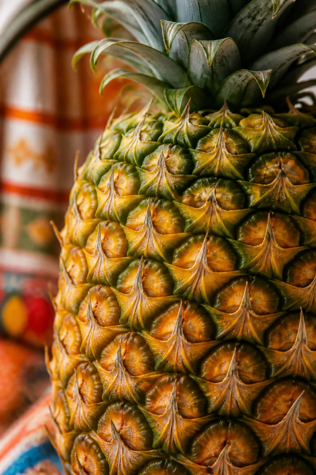 Close-up of a pineapple with a culturally rich, warm background blur