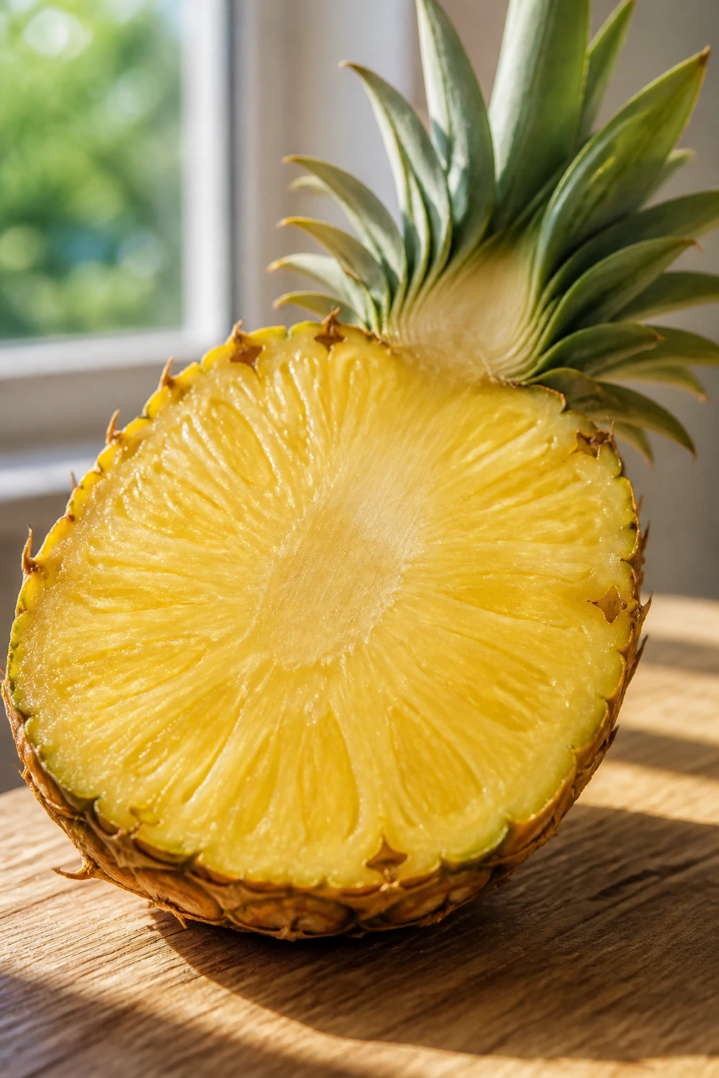 10 Health Benefits of Eating Pineapple on an Empty Stomach 12 Pineapple half showing juicy interior on a sunlit breakfast setting