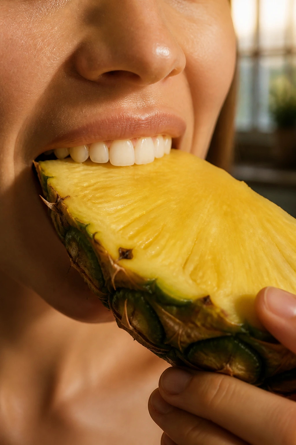 Close-up of a mouth biting into a pineapple wedge