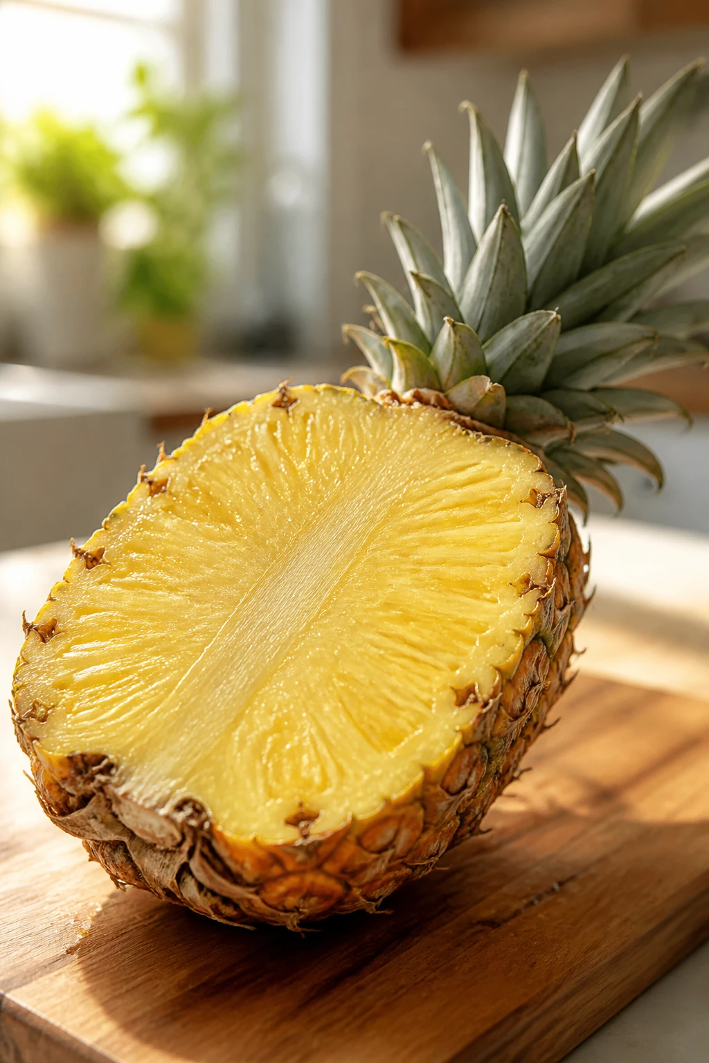 Nature's Digestive Aid: Is Pineapple Good For Constipation? 2 Close-up of a ripe pineapple half on a cutting board in a sunlit kitchen.