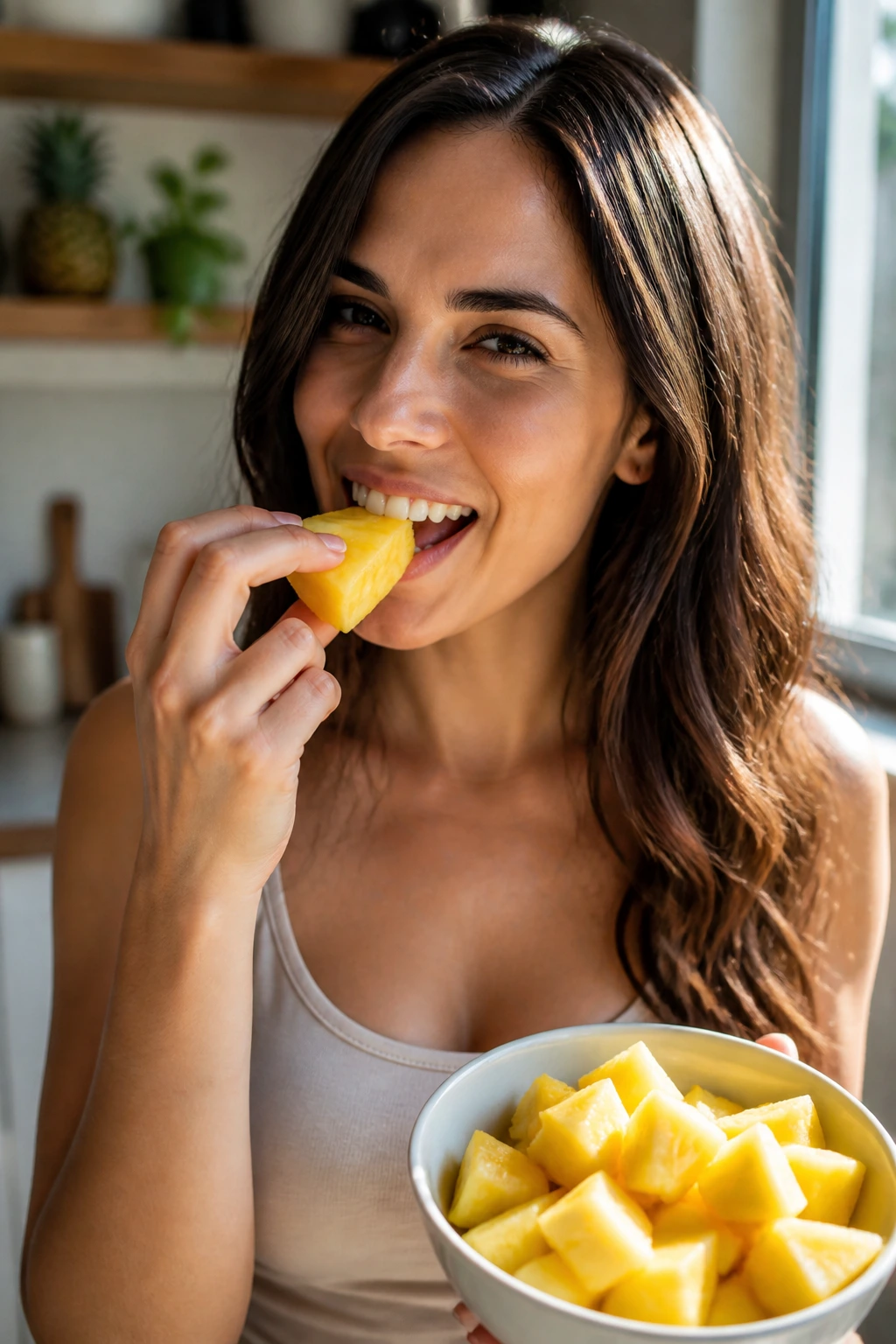 Tropical Digestive Aid: Is Pineapple Good For Digestion? 6 Portrait of a real person taking a bite of fresh pineapple