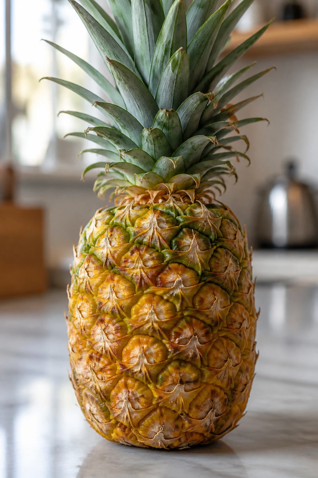 What Happens If You Eat a Lot of Pineapples? 2 Close-up of a pineapple on a kitchen counter in natural light.