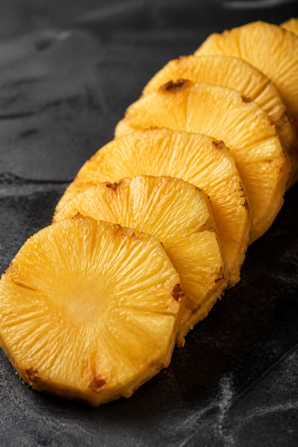 Is It Good To Eat Pineapple At Night? All You Need To Know 5 Close-up of pineapple slices arranged in a curve on a dark surface
