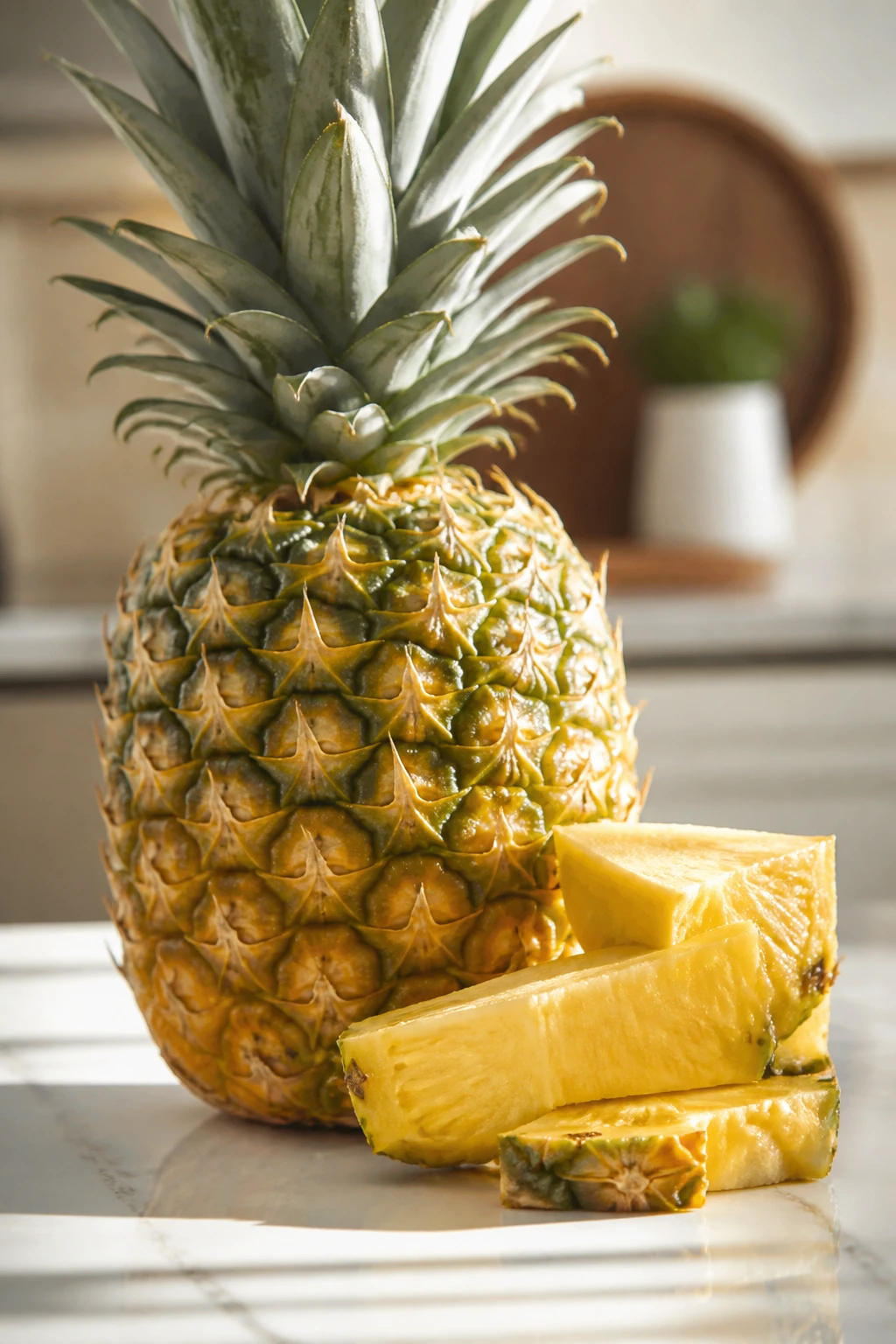 Close-up of a pineapple on a countertop suggesting fertility and pregnancy nutrition