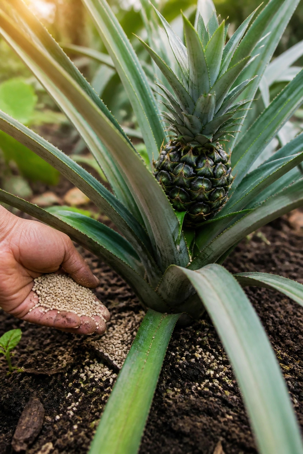 Close-up of a pineapple plant being fertilized at its base in a garden bed
