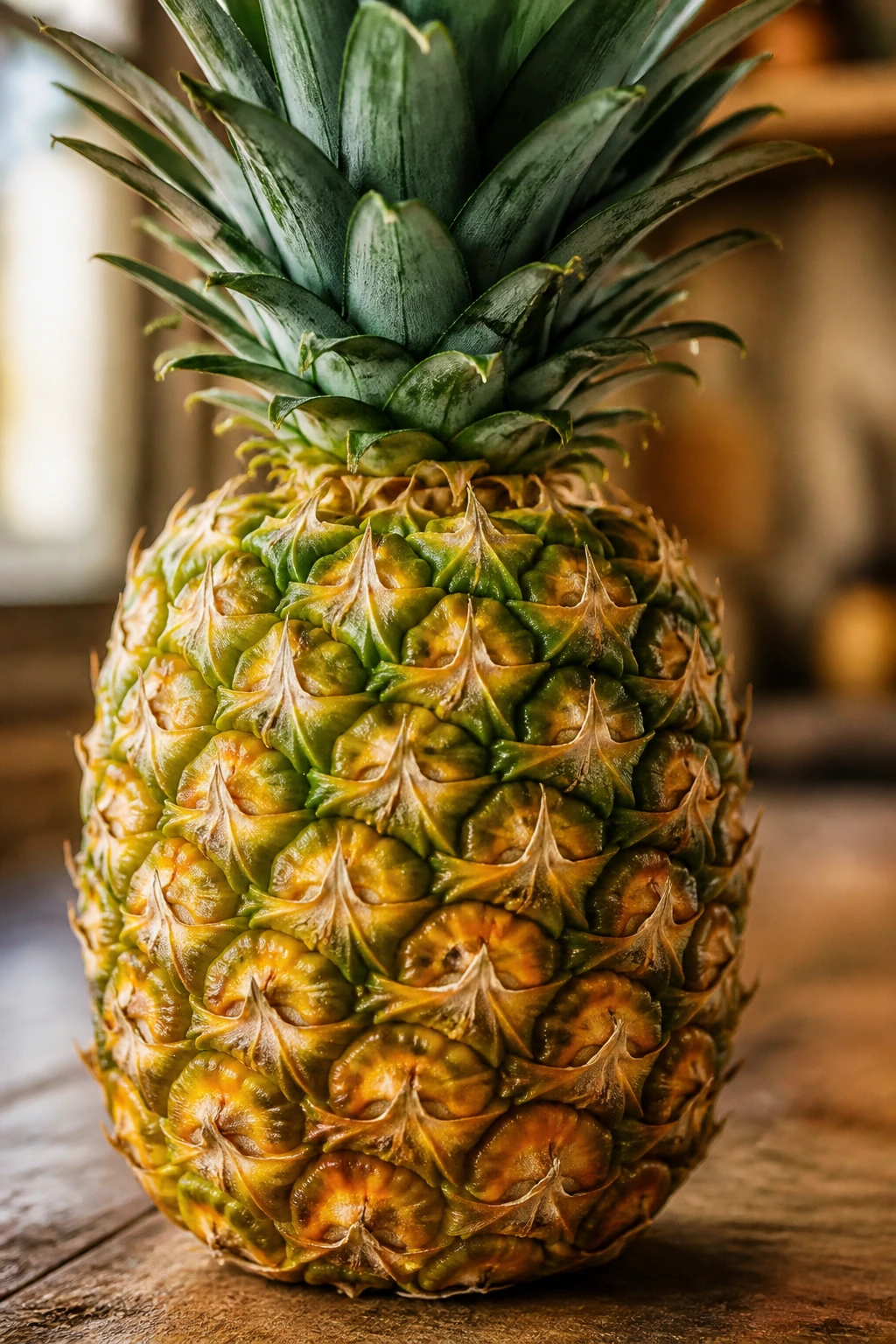 Close-up pineapple dominating frame on rustic kitchen counter