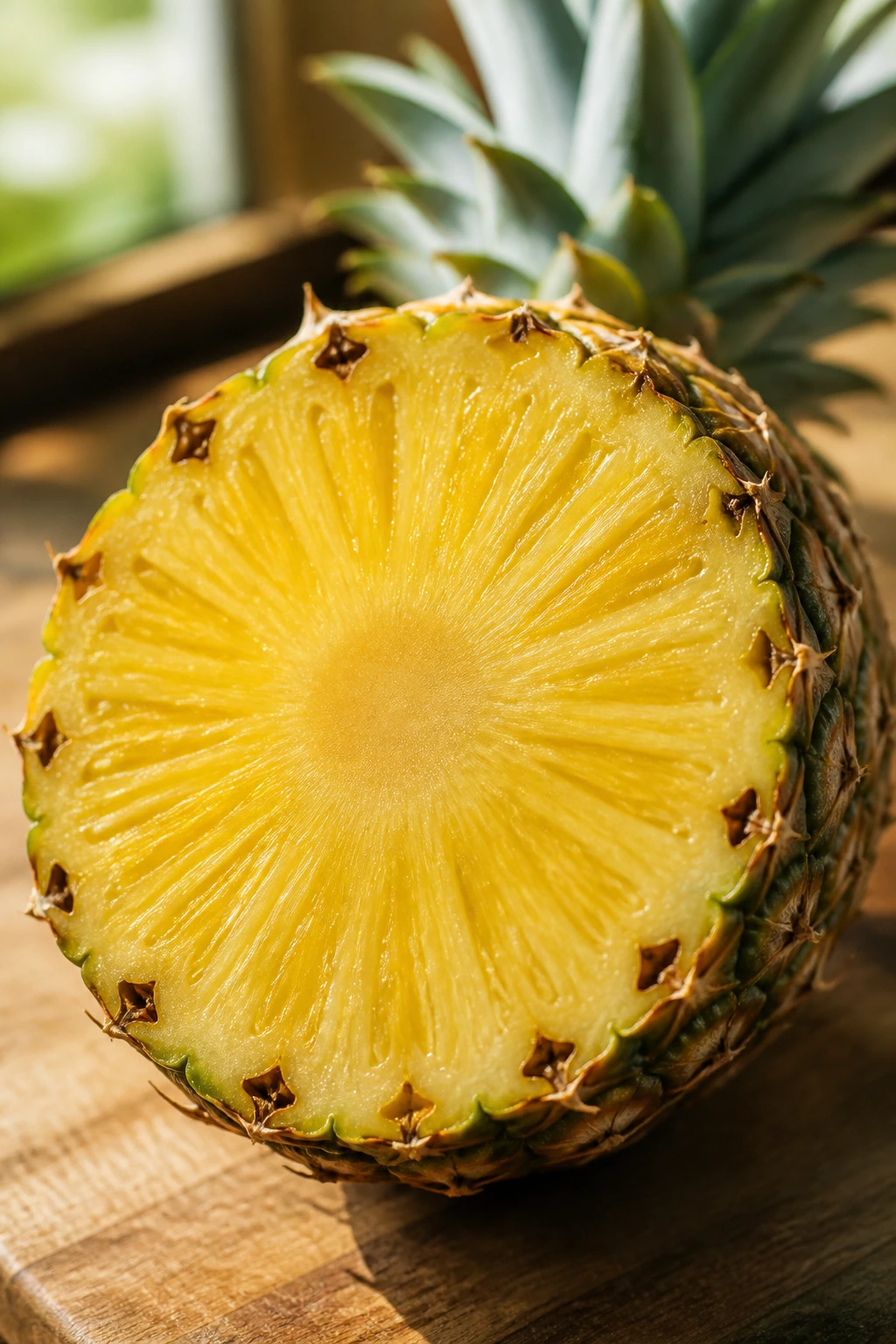 Close-up of vivid pineapple cross-section in kitchen light