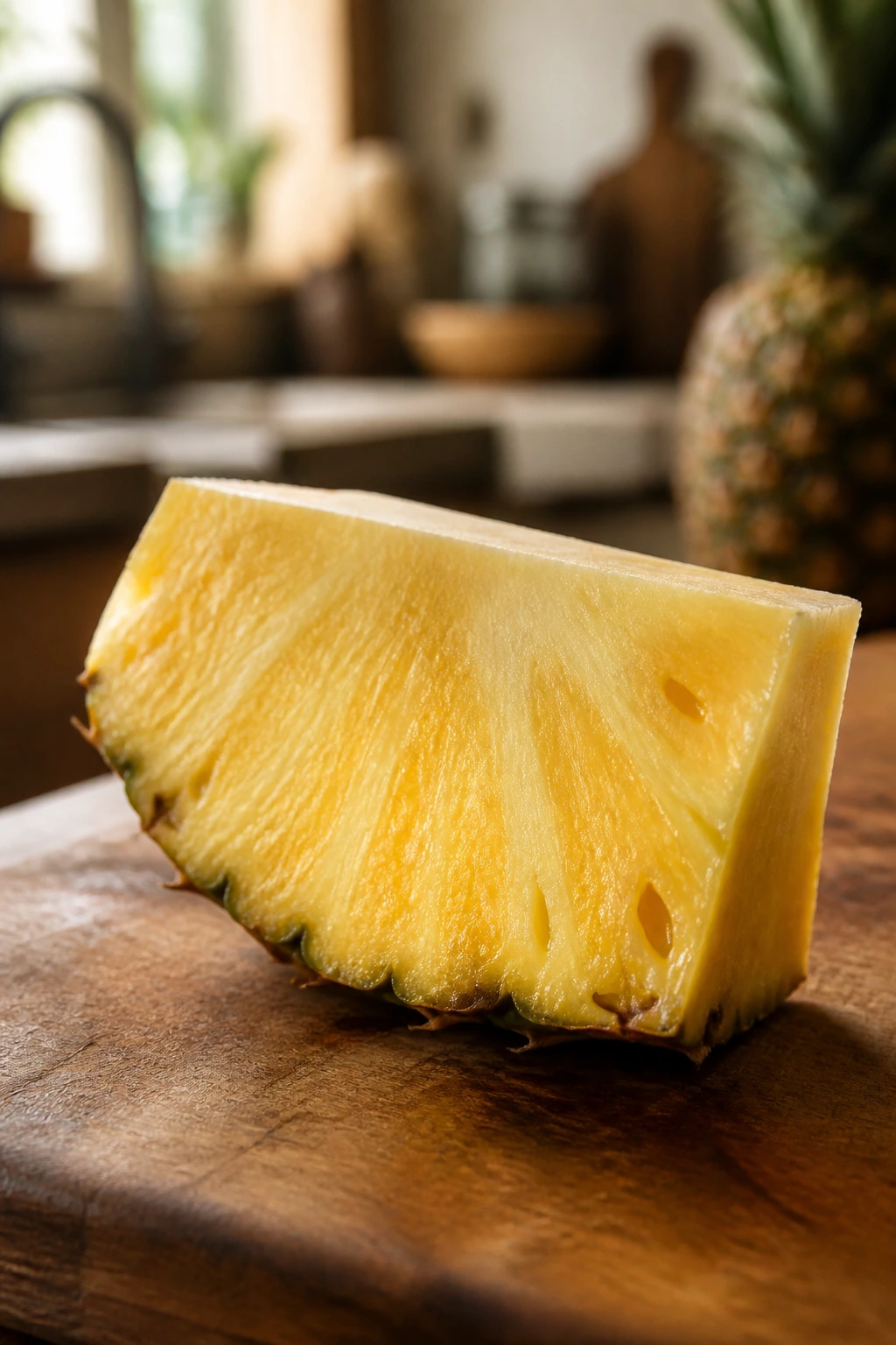 Close-up of a pineapple wedge on a wooden cutting board in a kitchen