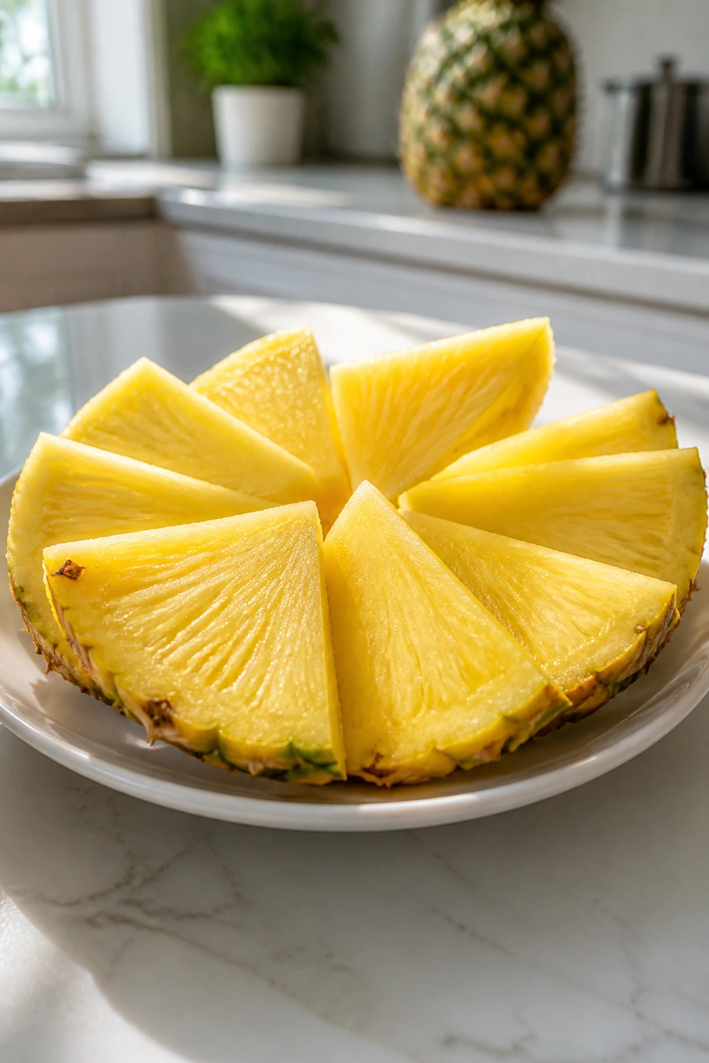 Is Pineapple Good For Gastritis? All You Need To Know 3 Close-up of pineapple slices arranged on a plate in a sunlit kitchen