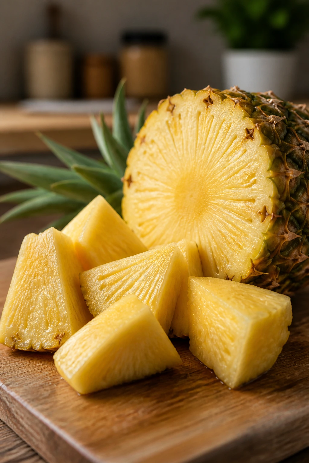 Is Pineapple Good or Bad for Gout? 4 Pineapple on cutting board in kitchen lighting
