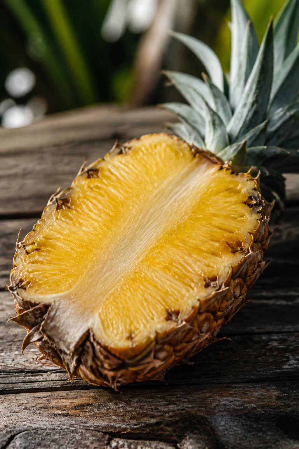 Close up of halved pineapple showing yellow flesh