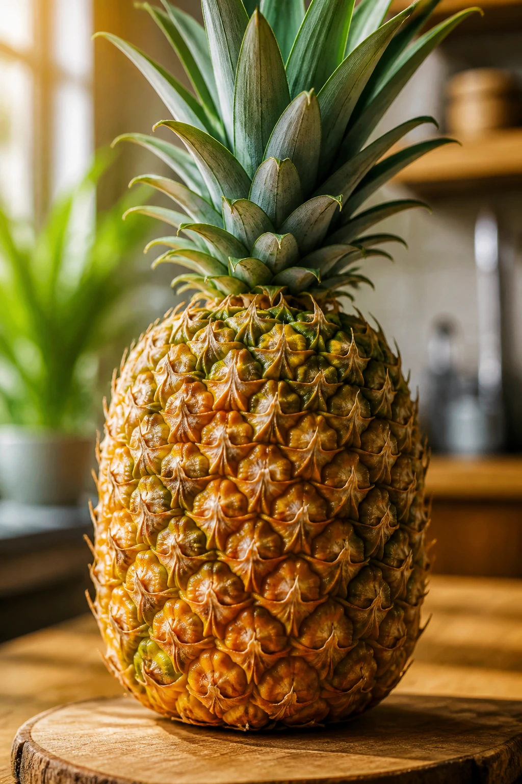 Close-up of a whole ripe pineapple in a warm kitchen setting.