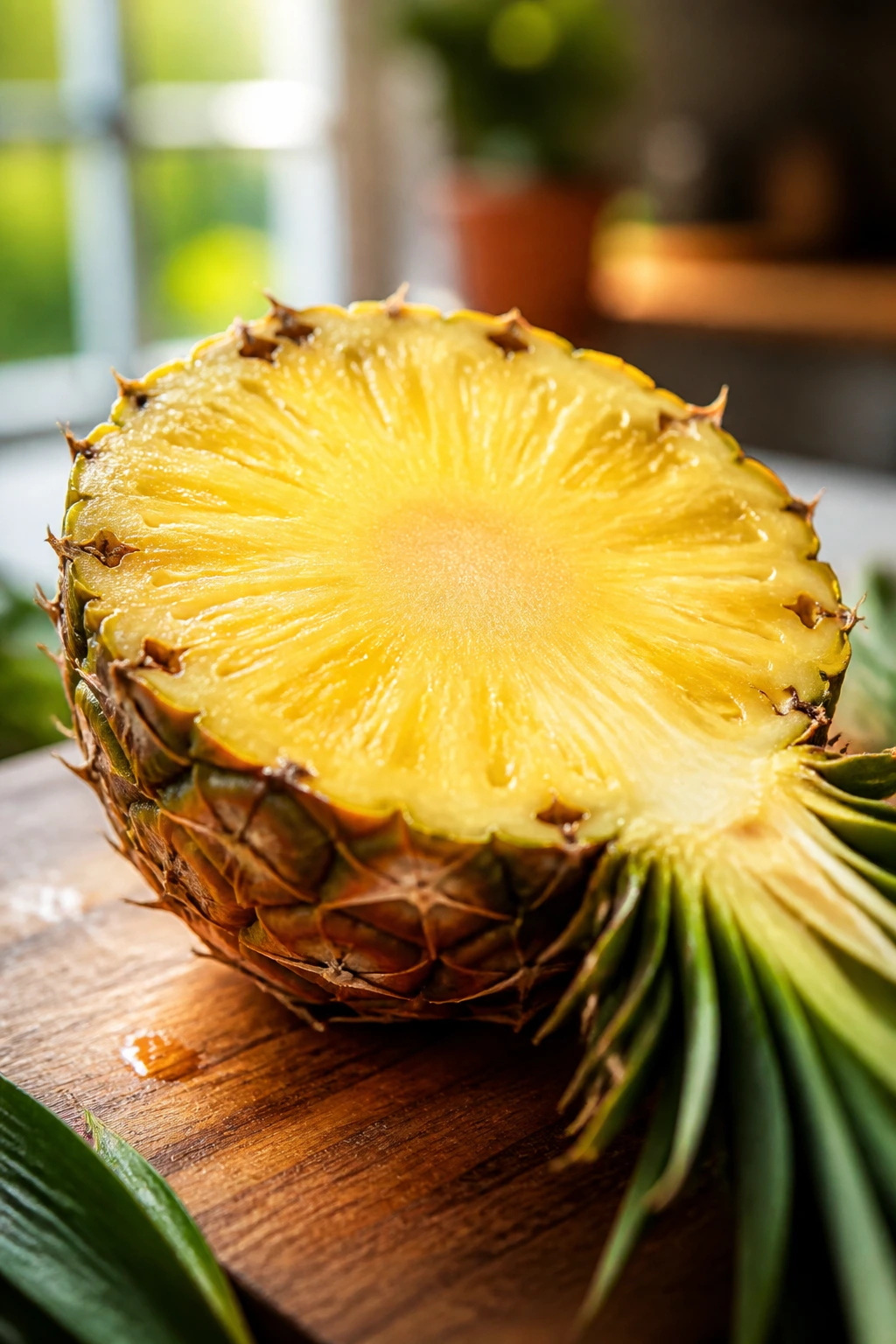 Pineapple half with vibrant yellow flesh on a cutting board in sunlight