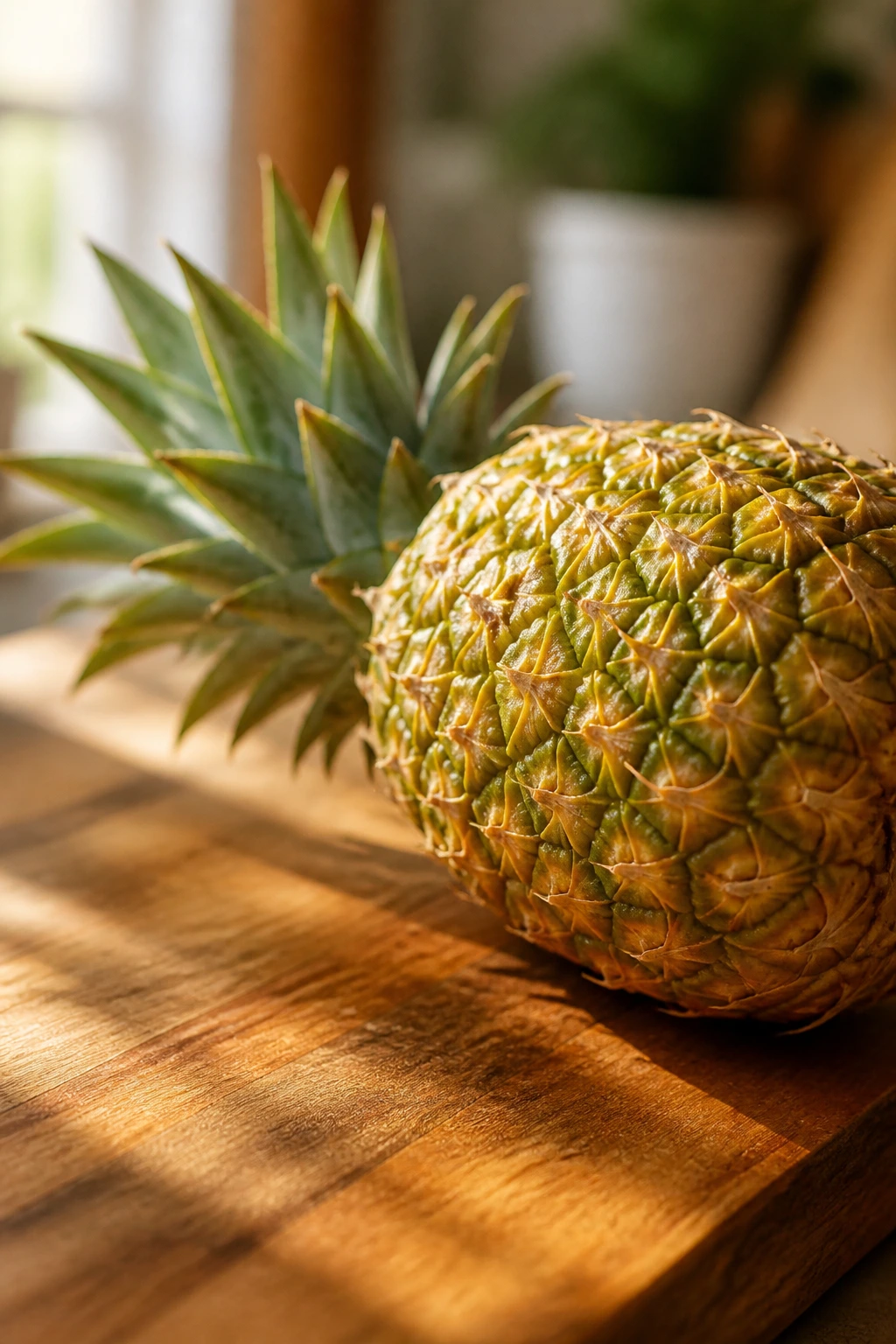 10 Health Benefits of Eating Pineapple on an Empty Stomach 14 Pineapple on a wooden surface bathed in soft morning light
