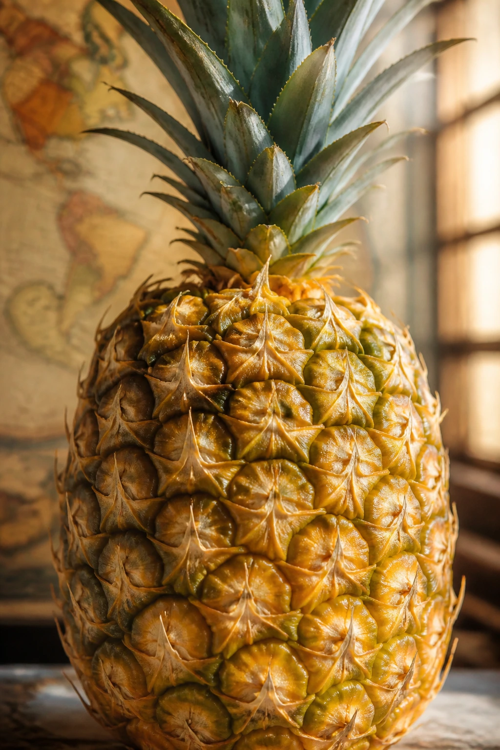 Close-up of a single pineapple with a soft vintage map blurred in the background