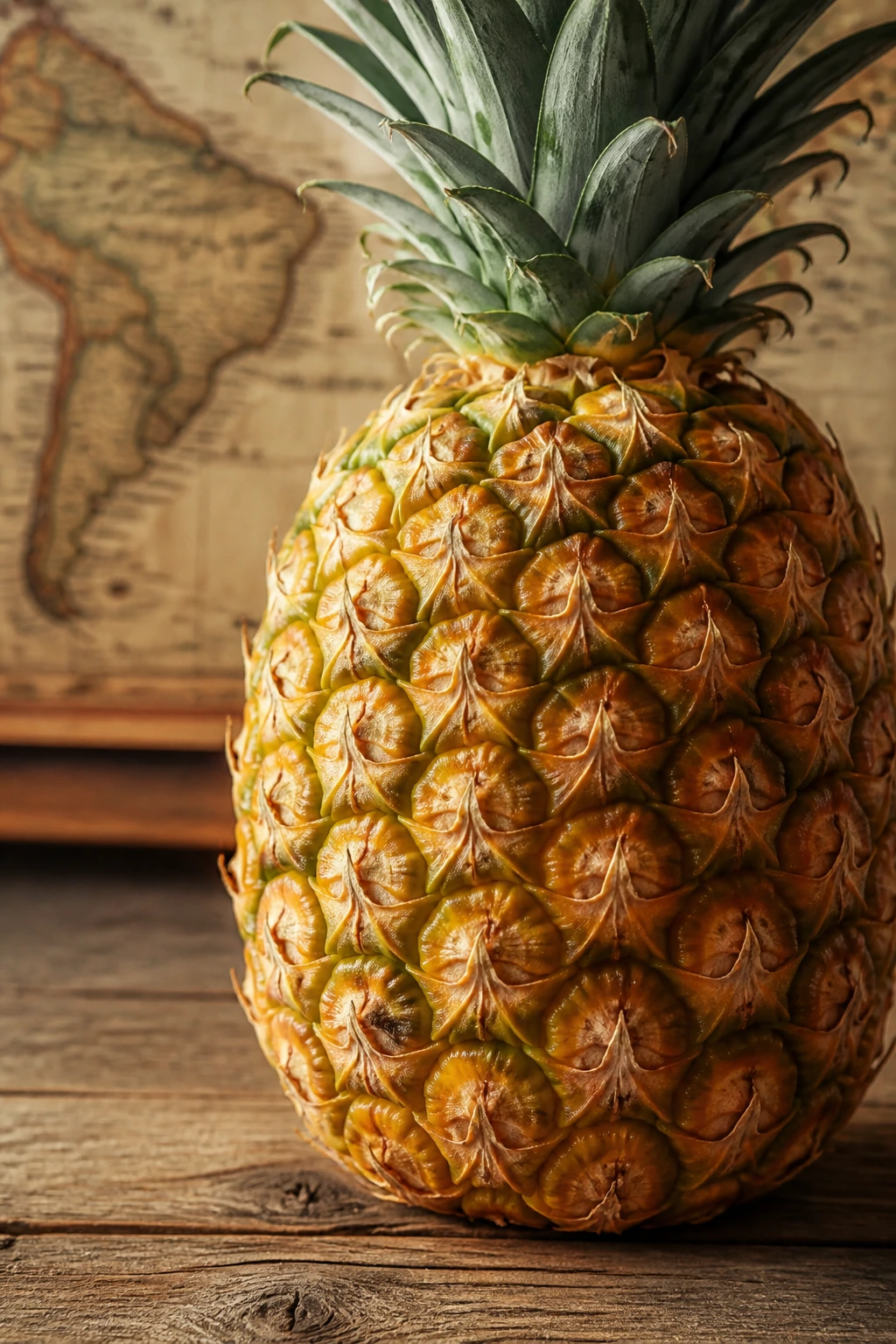 Close-up pineapple on rustic wood with historical backdrop