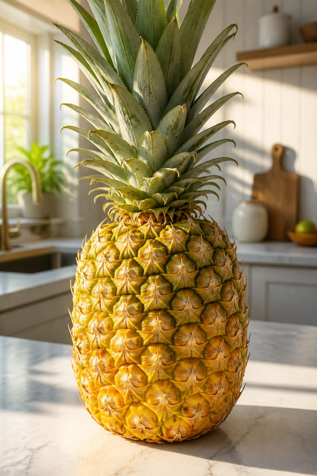 10 Health Benefits of Eating Pineapple on an Empty Stomach 13 Whole pineapple filling the frame with bright kitchen background