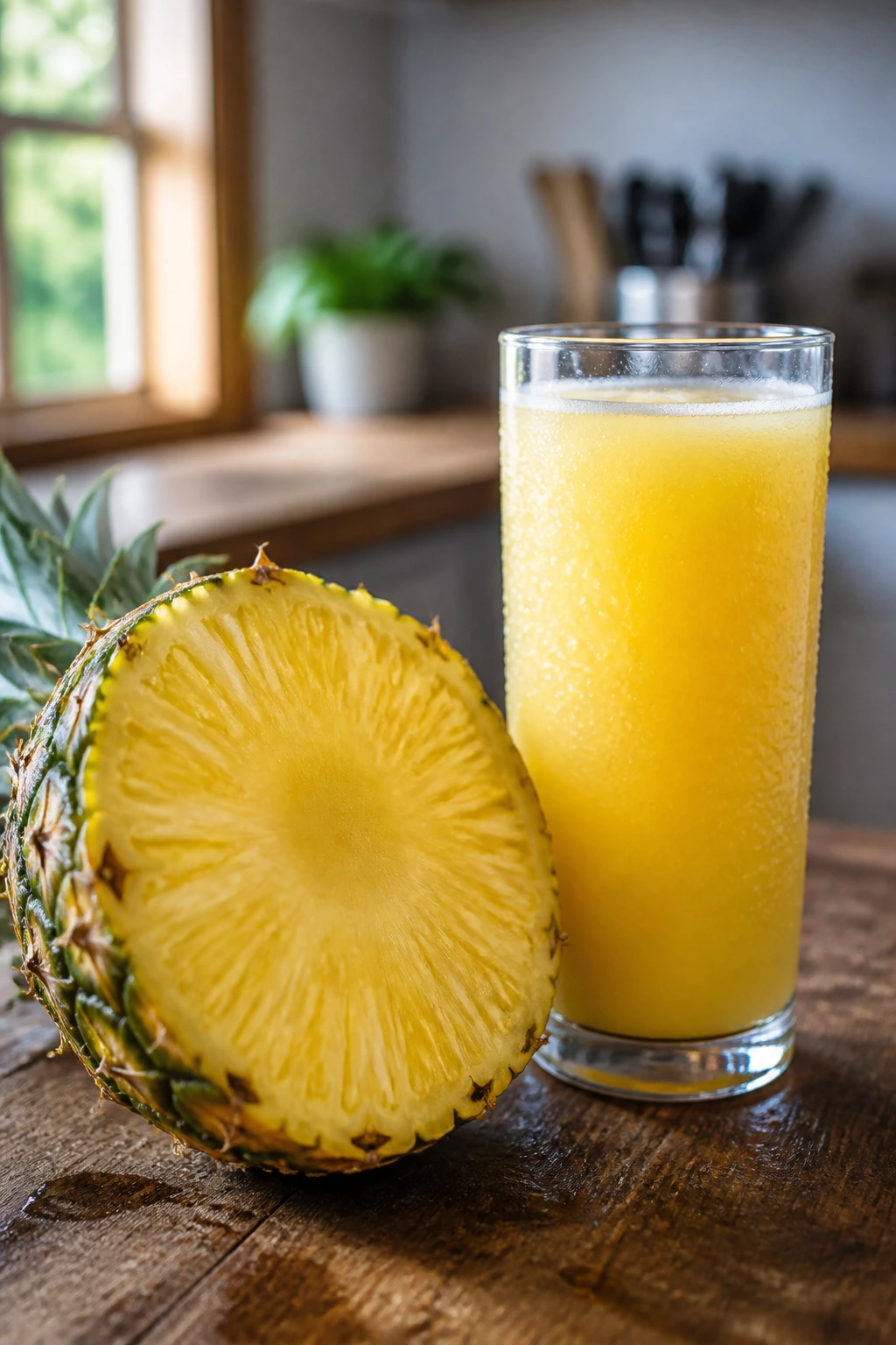 Does Pineapple/Pineapple Juice Help With Swelling & Bruising? 1 Close-up of pineapple half and a glass of pineapple juice on a wooden counter.