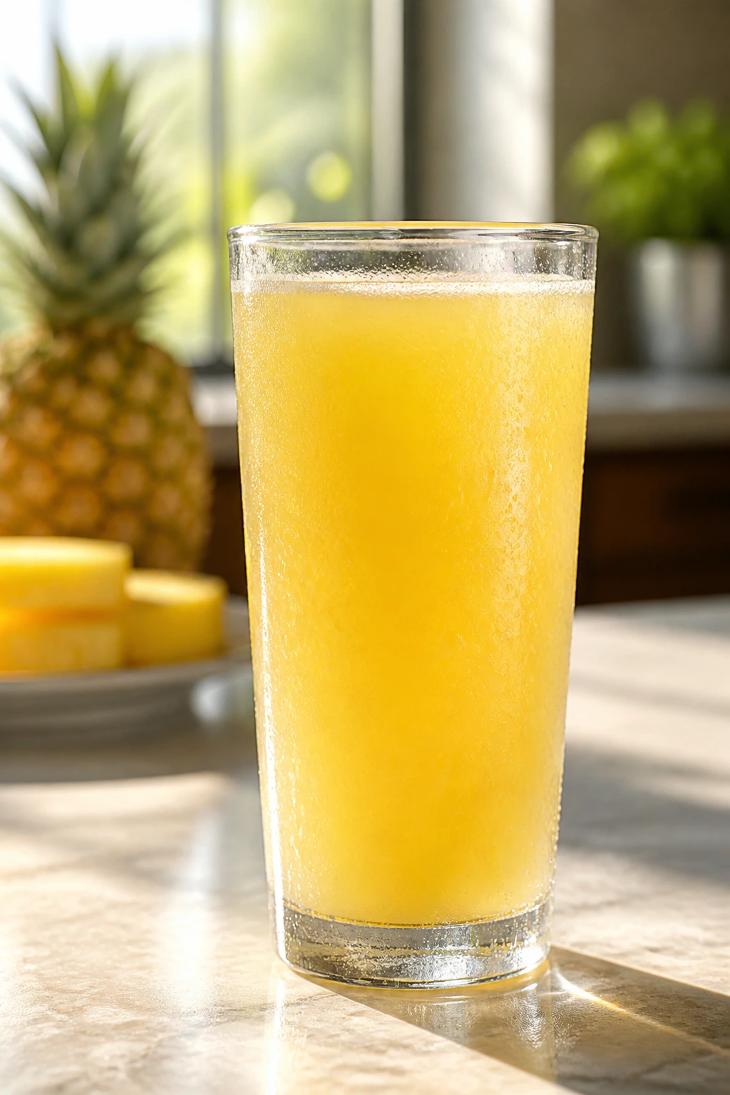 Is Pineapple Juice Good For Diabetic Patients? Any Effects? 6 Side-profile glass of pineapple juice on sunlit counter