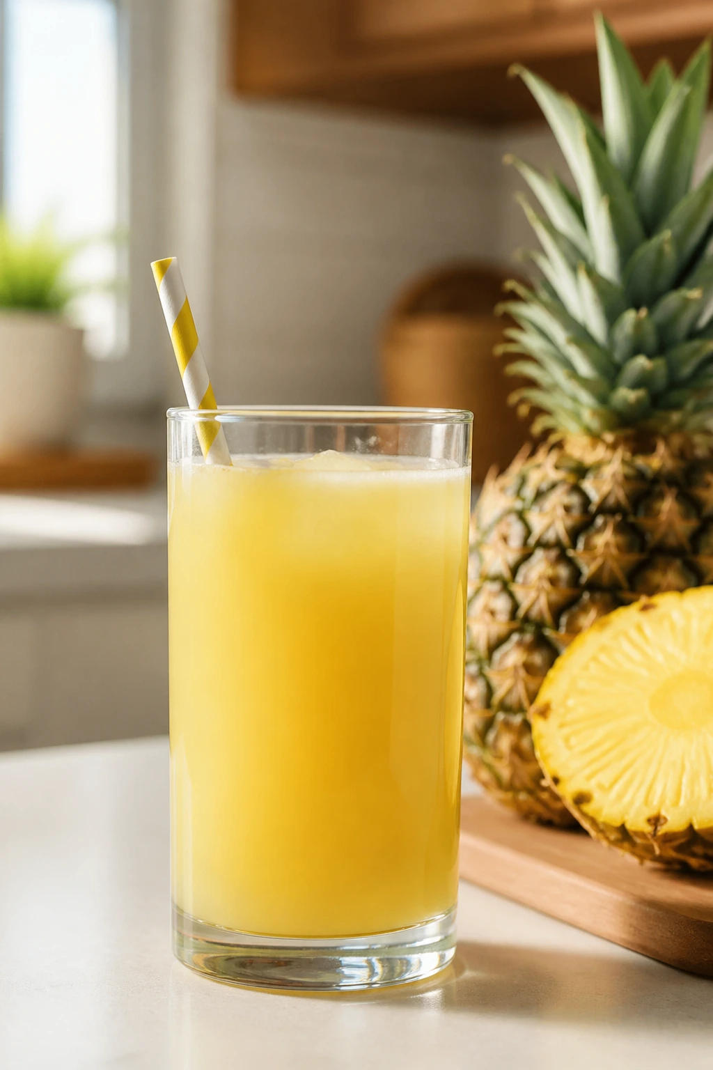 How Much Pineapple Juice Should You Drink Daily? 4 Glass of pineapple juice with a straw on a neat kitchen counter.