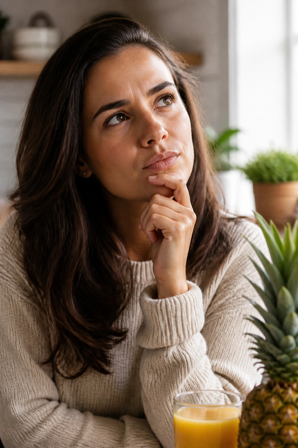 How Much Pineapple Juice Should You Drink Daily? 5 Real person in a cozy kitchen looking thoughtful, representing FAQs.