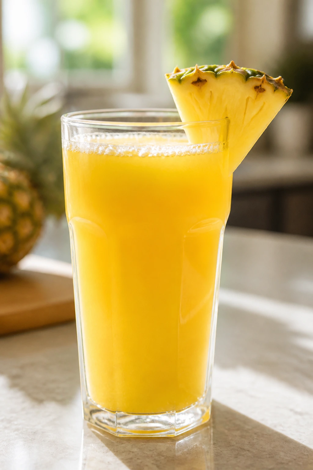 Is Pineapple Good For Gastritis? All You Need To Know 6 Close-up of a glass of pineapple juice with a pineapple wedge on the rim on a kitchen counter