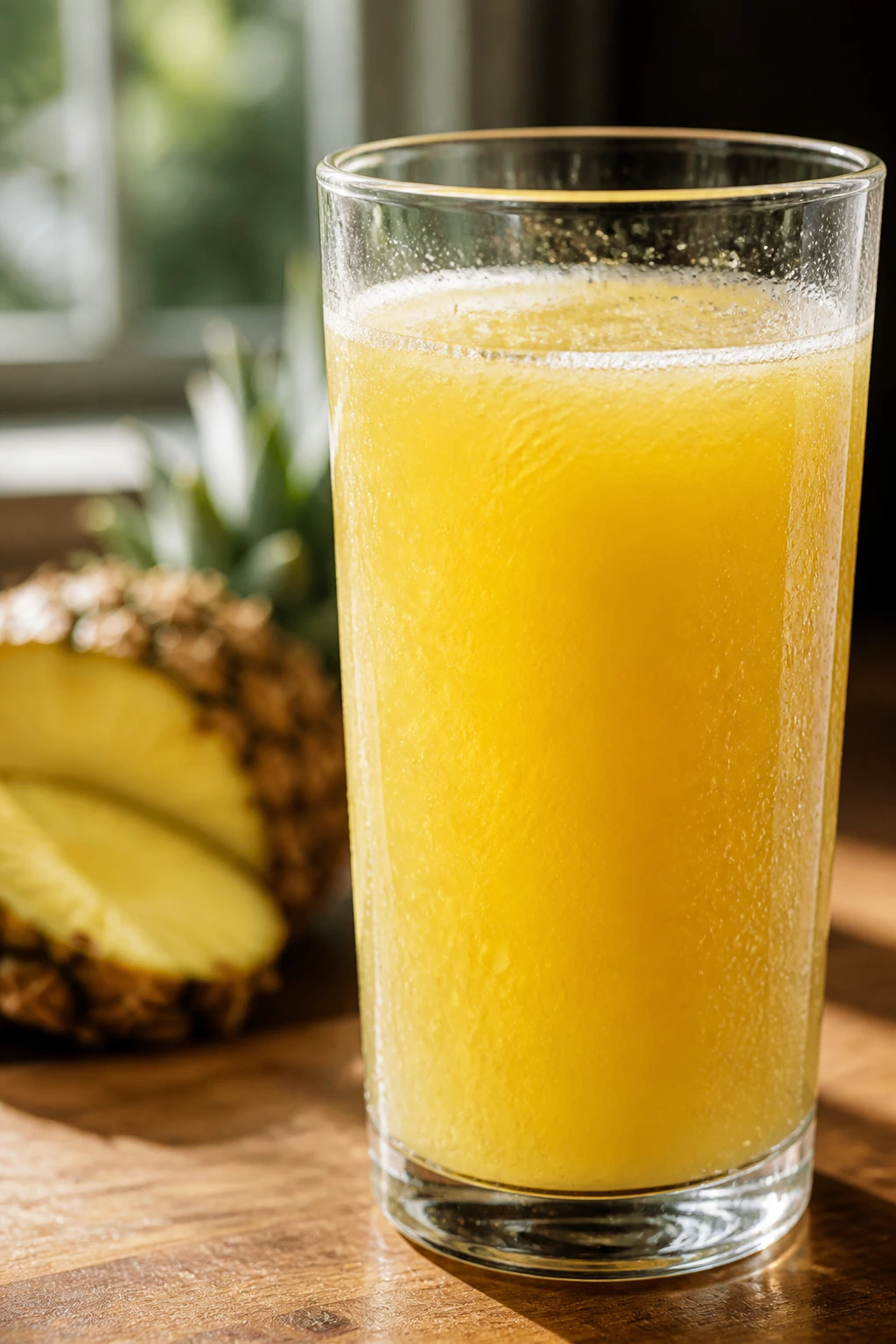 How Much Pineapple Juice Should You Drink Daily? 1 Close-up of a glass of bright yellow pineapple juice on a wooden kitchen counter.