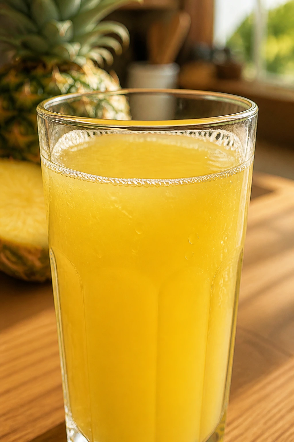 Is Pineapple Juice Good For Diabetic Patients? Any Effects? 1 Close-up of a glass of pineapple juice on a wooden counter with warm natural light