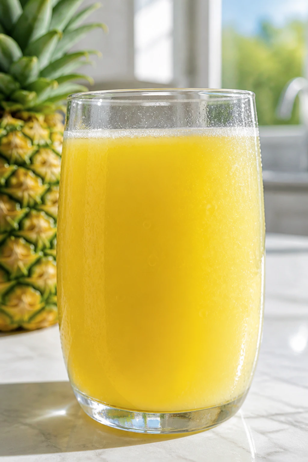 Is Pineapple Juice Good For Diabetic Patients? Any Effects? 2 Condensation on a glass of pineapple juice on marble countertop
