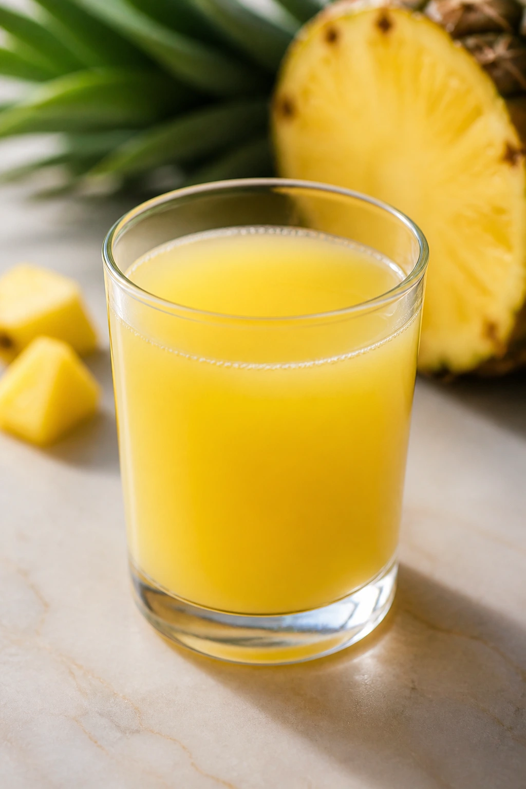 How Much Pineapple Juice Should You Drink Daily? 3 Small glass of pineapple juice on a simple kitchen surface.