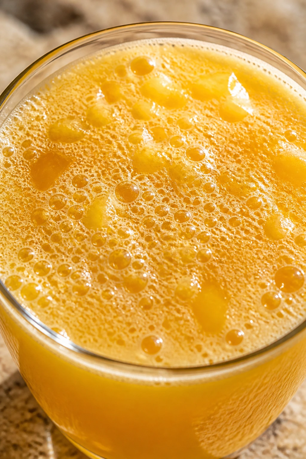 Is Pineapple Juice Good For Diabetic Patients? Any Effects? 5 Macro view of pineapple juice surface in glass on stone countertop