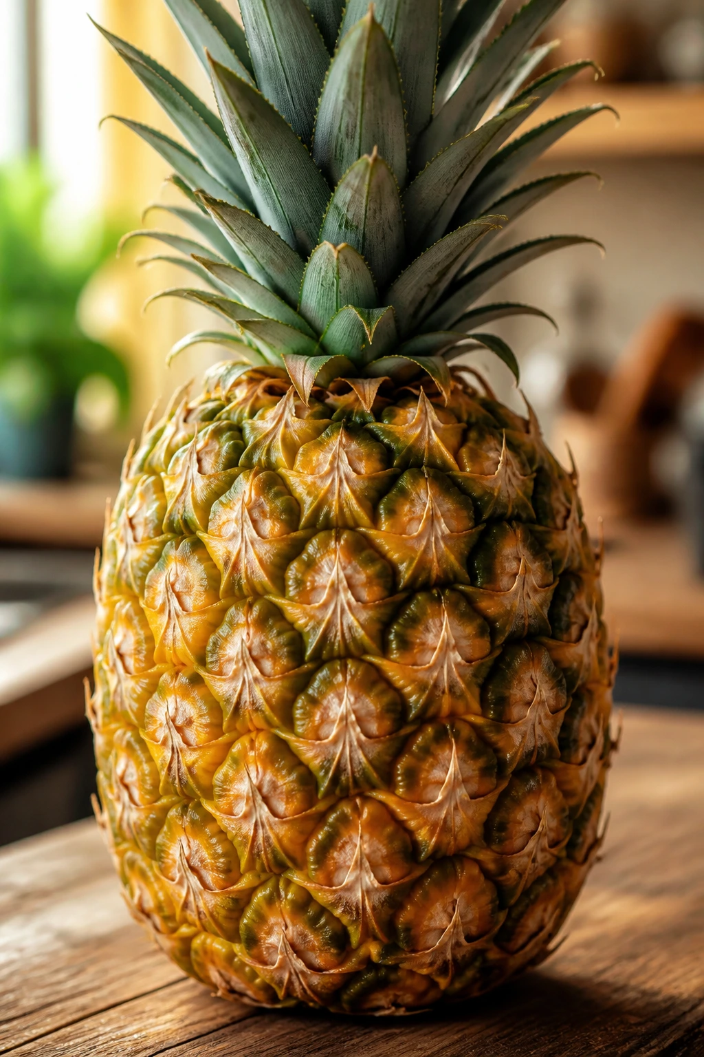 Close-up of a ripe pineapple on a sunlit kitchen counter