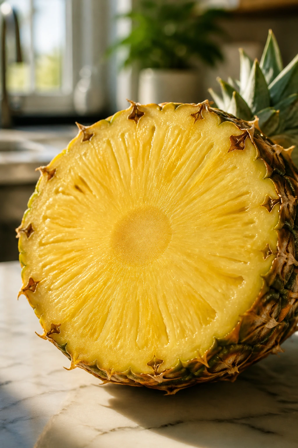 Cross-section of a pineapple showing vibrant yellow flesh in sunlit kitchen