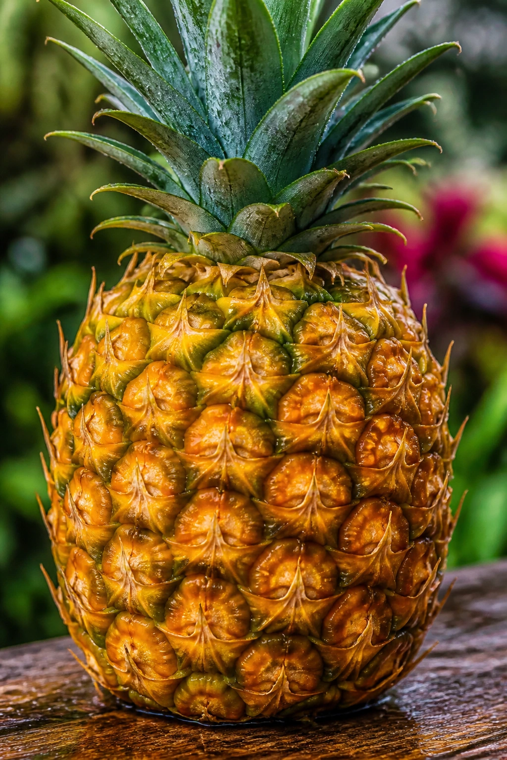 Dewy pineapple on outdoor table with garden background